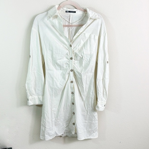 Zara Linen Blend Button Down Shirt Dresss in off white size medium - Picture 4 of 14
